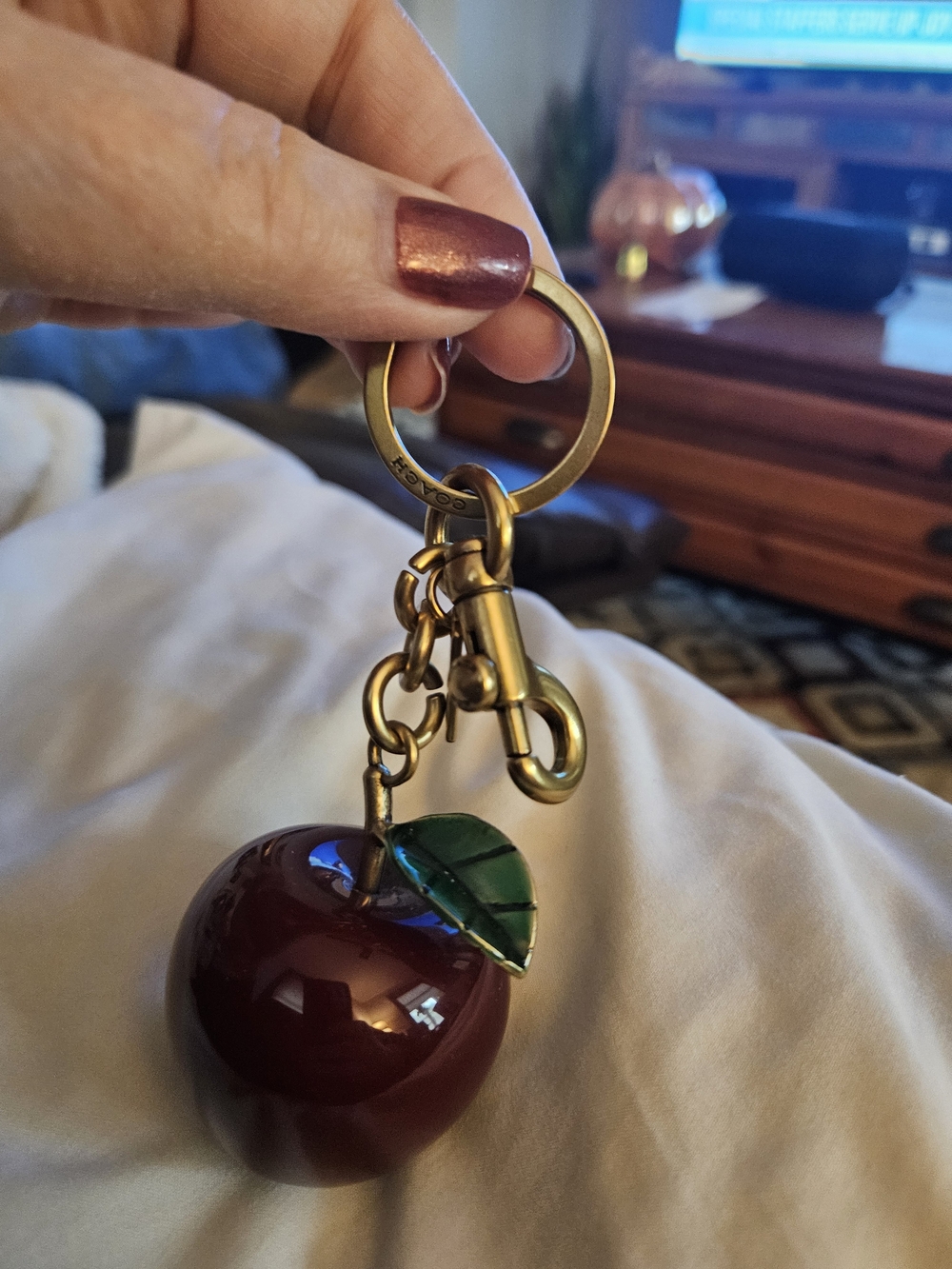 Coach Gold-Tone Apple Charm Keychain Red and Green Leaf